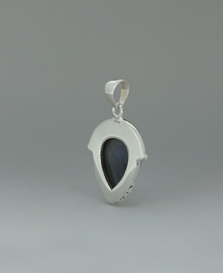 Premium Labradorite Inverted Teardrop Silver Pendant with Beaded Architectural Detailing - Charms & Pendants