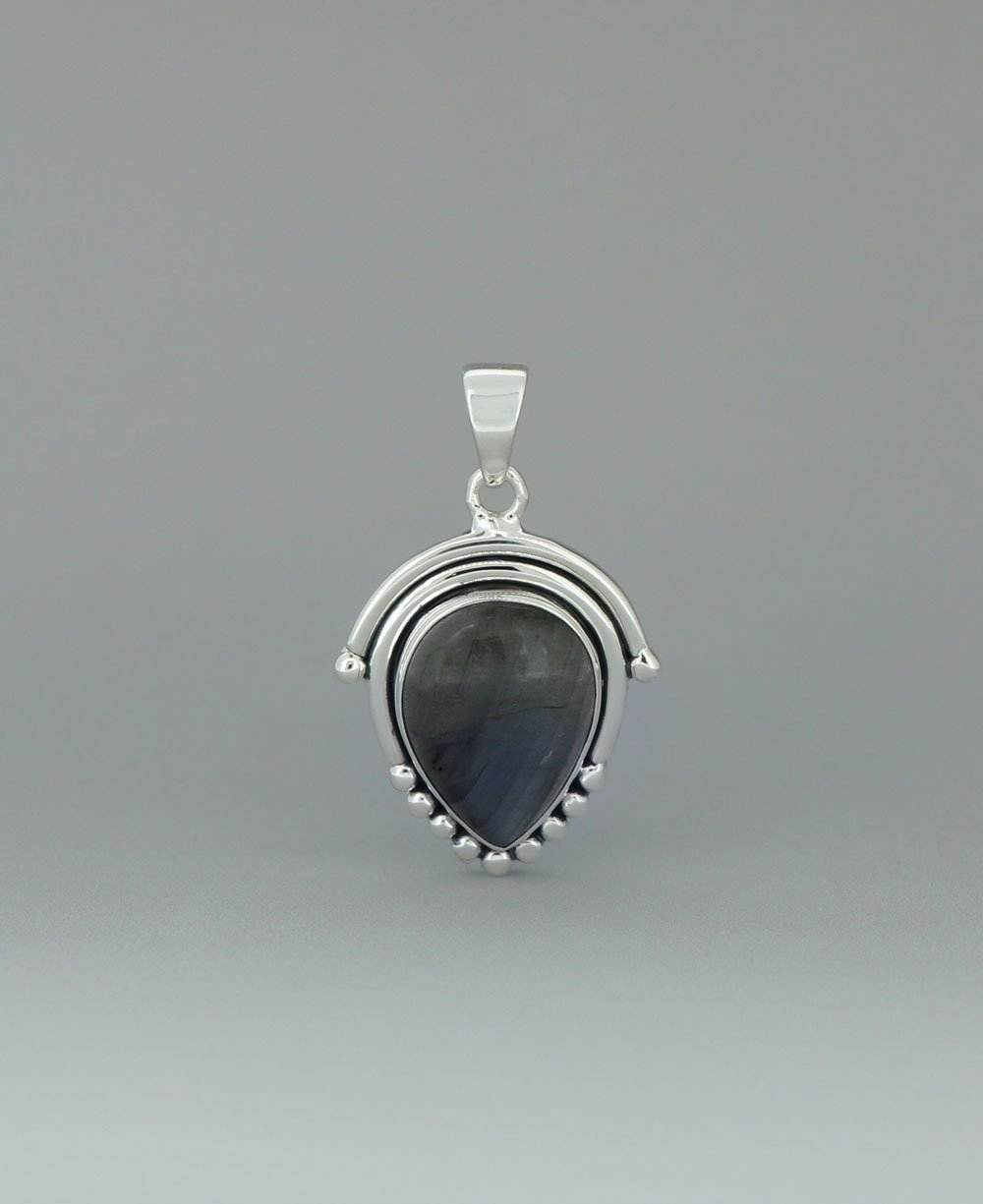 Premium Labradorite Inverted Teardrop Silver Pendant with Beaded Architectural Detailing - Charms & Pendants