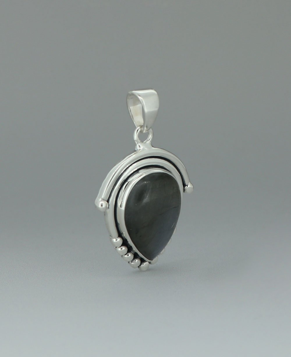 Premium Labradorite Inverted Teardrop Silver Pendant with Beaded Architectural Detailing - Charms & Pendants