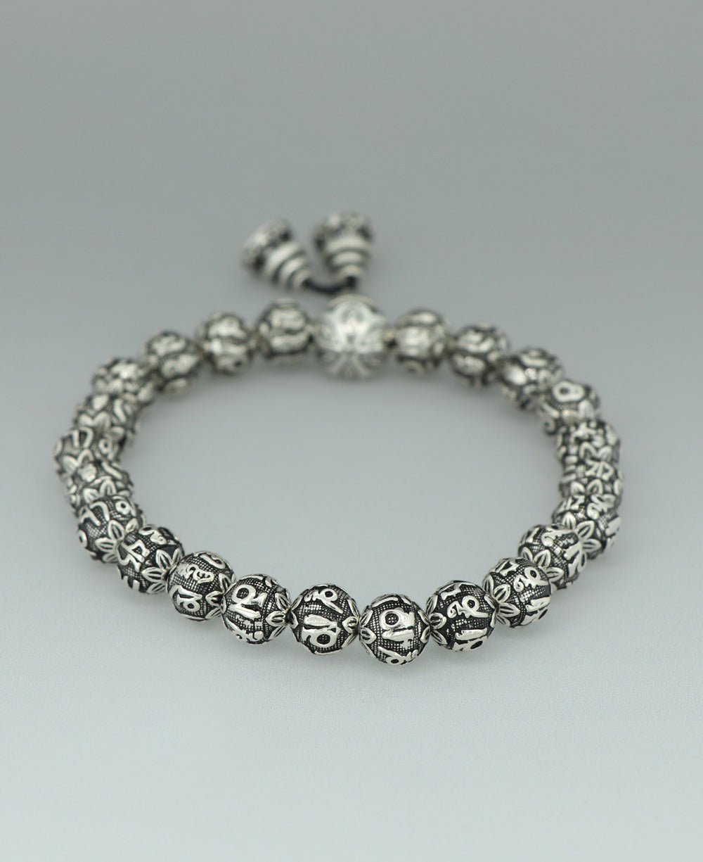 Premium Sterling Silver Om Mani Padme Hum Mantra Beads Women's Stretch Bracelet - Bracelets