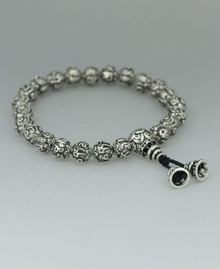 Premium Sterling Silver Om Mani Padme Hum Mantra Beads Women's Stretch Bracelet - Bracelets