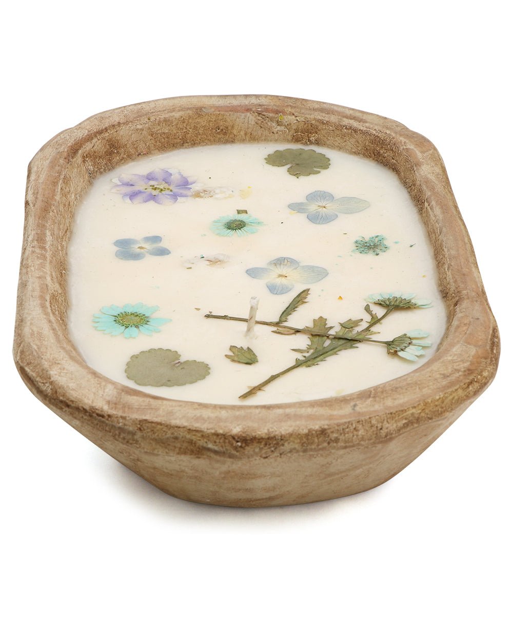 Pressed Flowers Soy Candle in Sustainable Wood Bowl - Candles