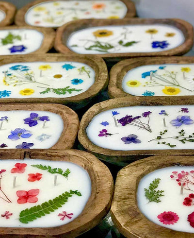 Pressed Flowers Soy Candle in Sustainable Wood Bowl - Candles
