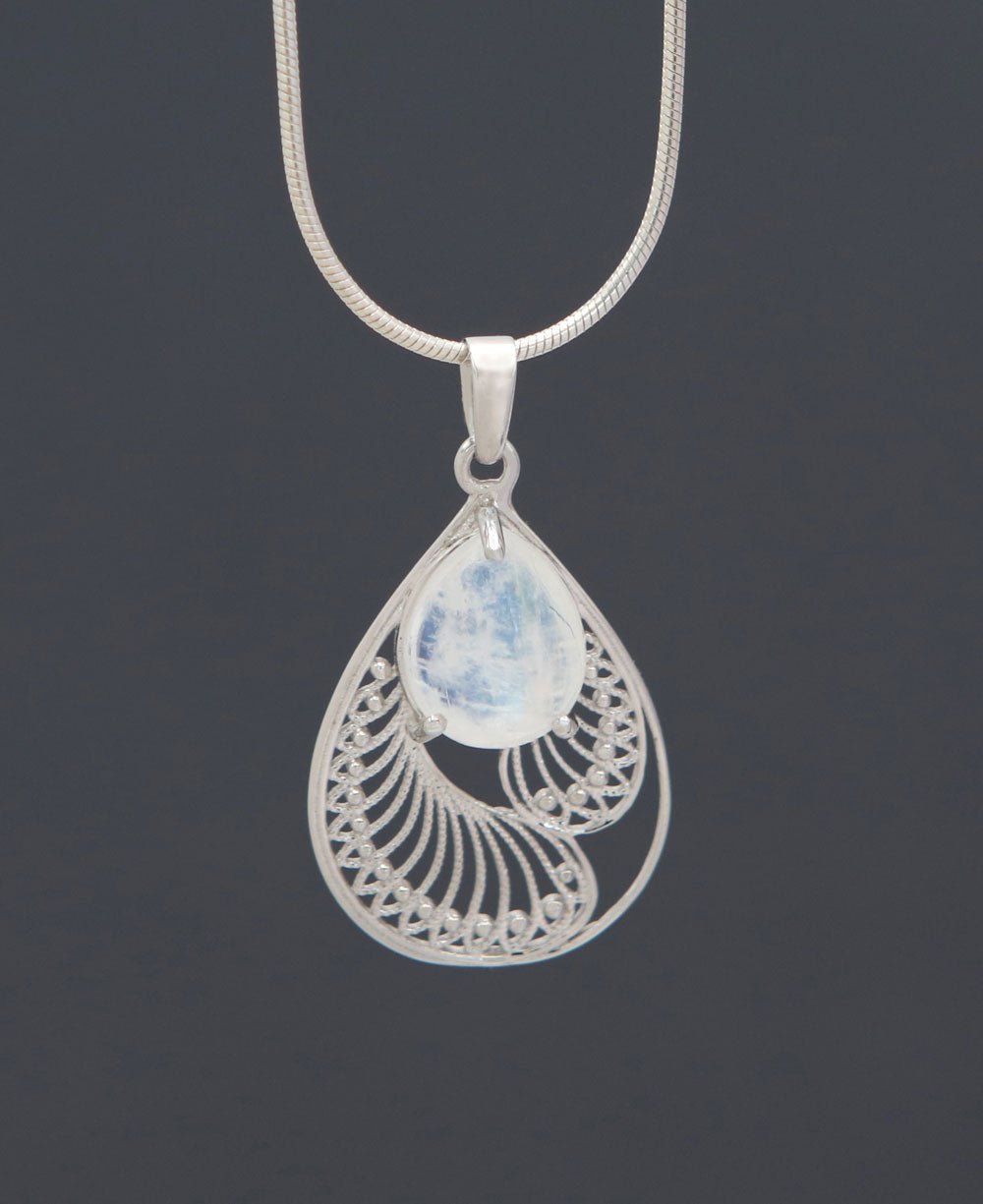 Rainbow Moonstone Pendant in Sterling Silver Feather Design - Charms & Pendants