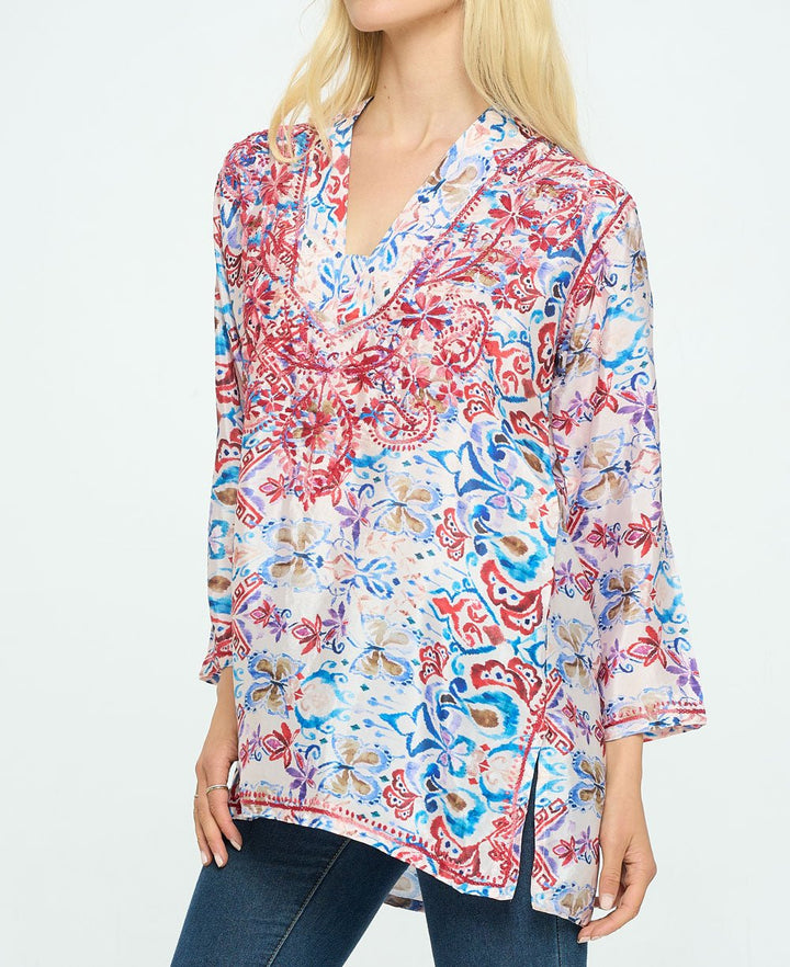 Red Embroidered Printed V Neck Tunic Top - Shirts & Tops S