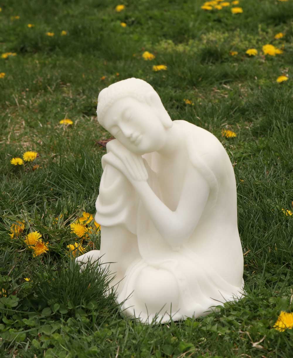 Resting Buddha Statue in Pearl White Finish, Indoor Outdoor - Sculptures & Statues