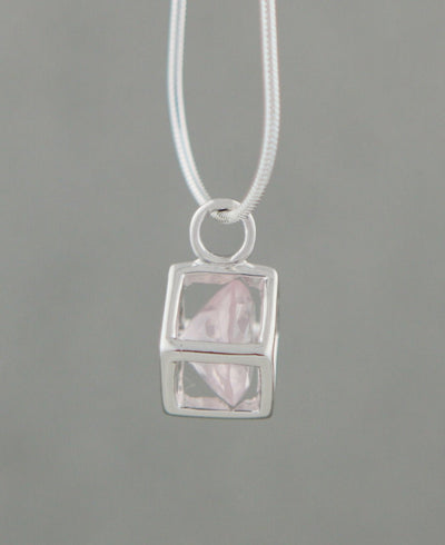 Rose Quartz and Sterling Silver Cube Pendant -