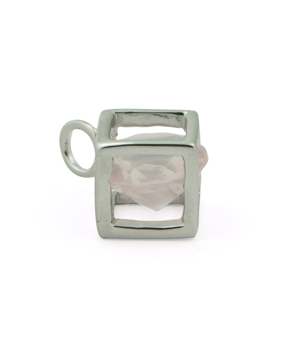 Rose Quartz and Sterling Silver Cube Pendant -