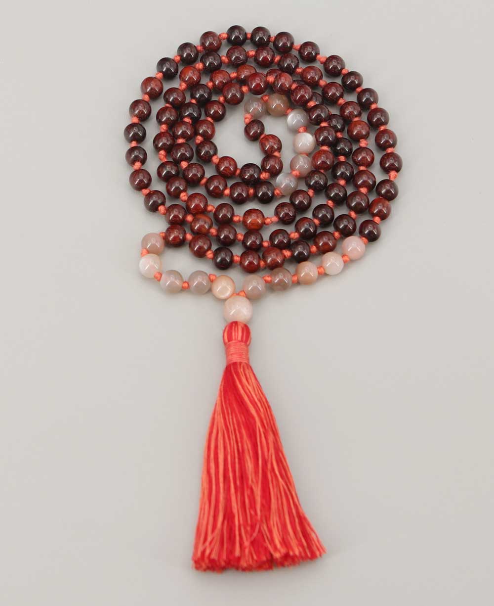 Rosewood and Peach Moonstone 108 Beads Meditation Mala, Knotted - Prayer Beads
