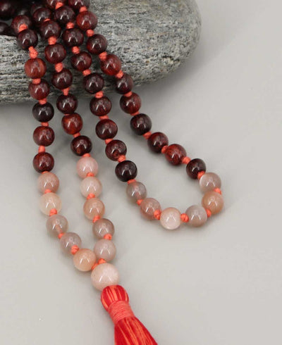 Rosewood and Peach Moonstone 108 Beads Meditation Mala, Knotted - Prayer Beads