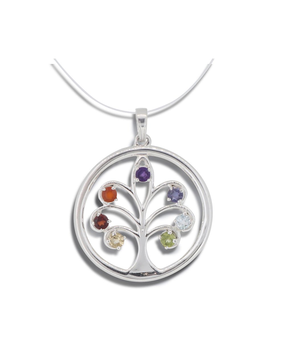 Round Sterling Silver Chakra Tree of Life Pendant - Charms & Pendants