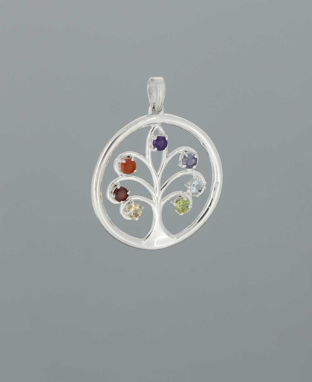 Round Sterling Silver Chakra Tree of Life Pendant - Charms & Pendants