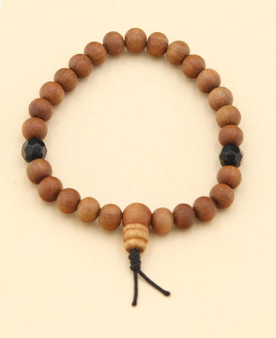 Sandalwood Stretch Wrist Mala with Stone Counters, 27 Beads - Prayer Beads Black Onyx