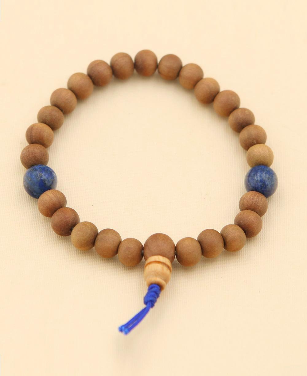 Sandalwood Stretch Wrist Mala with Stone Counters, 27 Beads - Prayer Beads Lapis