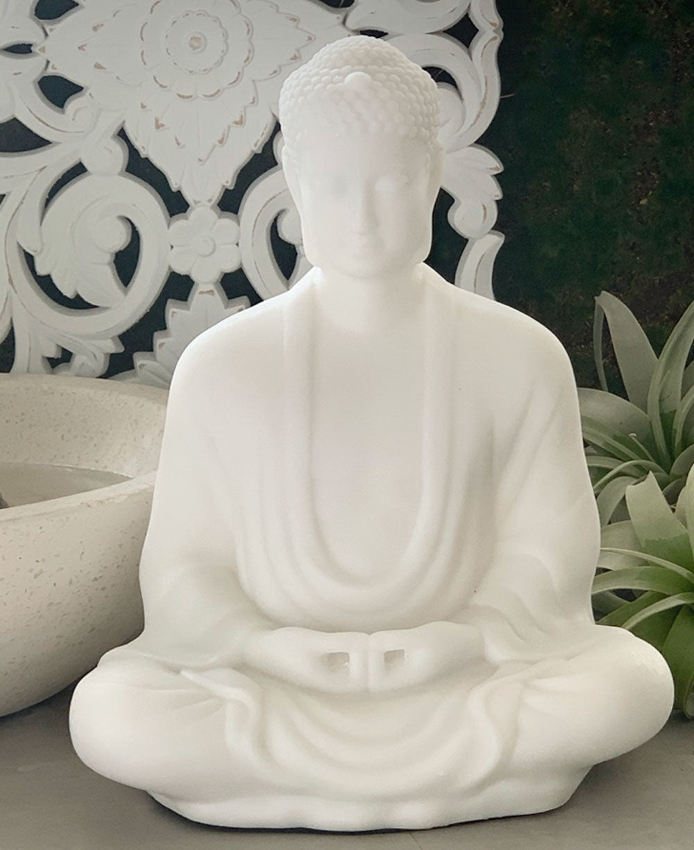 Serene Buddha Statue in Pearl White Finish - Sculptures & Statues