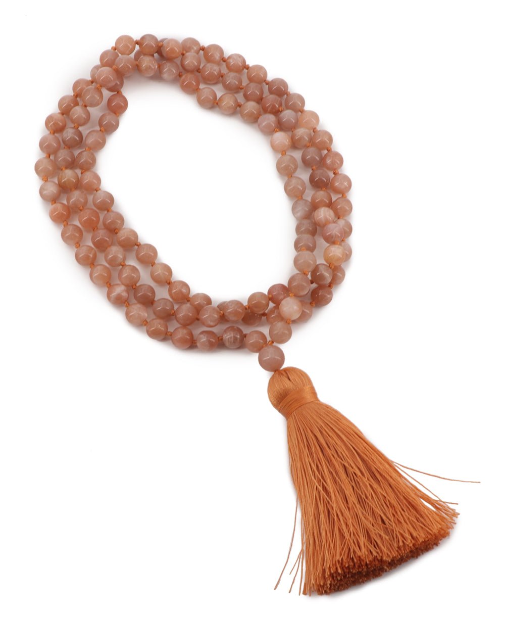 Serene Peach Moonstone Beads Meditation Knotted Mala - Prayer Beads 6mm