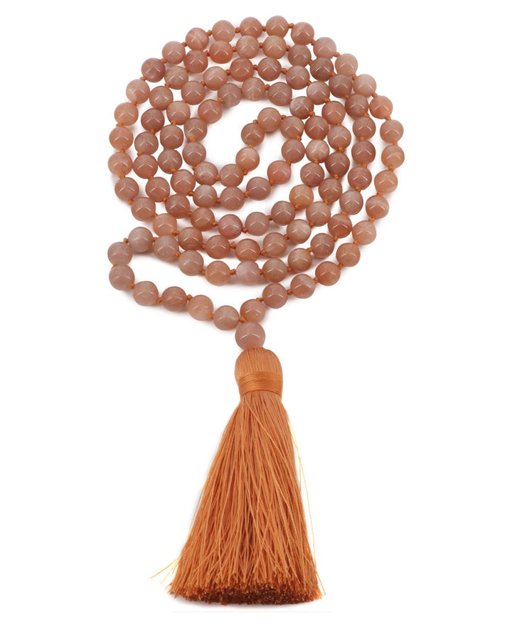 Serene Peach Moonstone Beads Meditation Knotted Mala - Prayer Beads 6mm