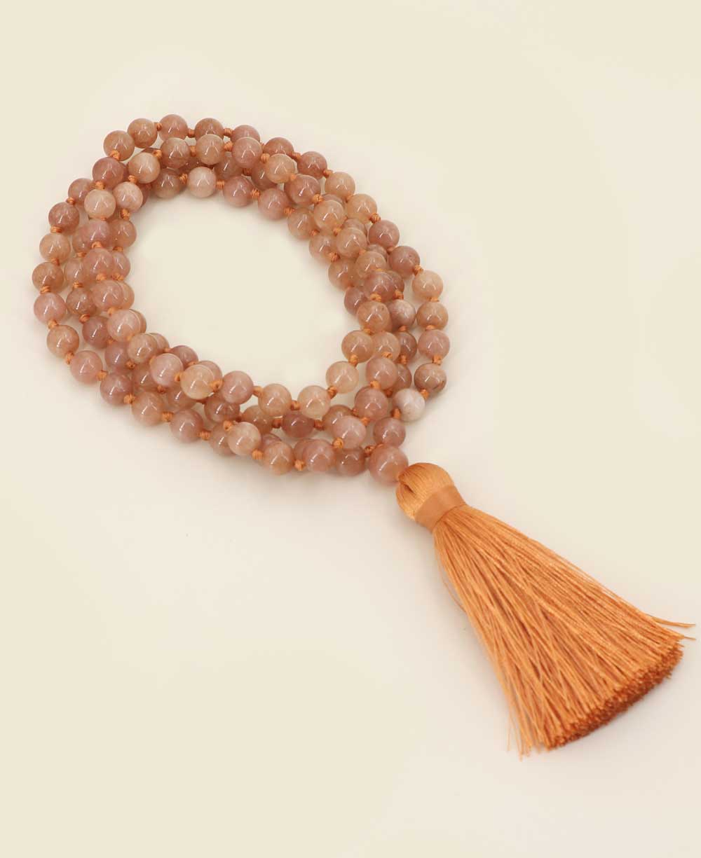 Serene Peach Moonstone Beads Meditation Knotted Mala - Prayer Beads 6mm