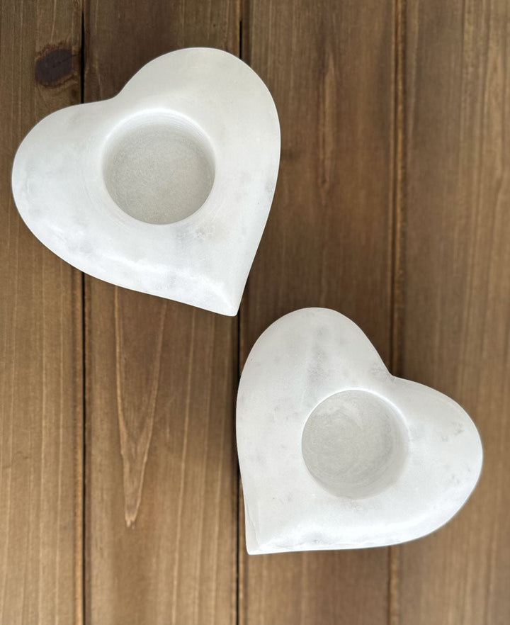 Set of 2 Natural White Marble Heart Tea Light Holders with Colorful Floral Scented Tealights - Candle Holder