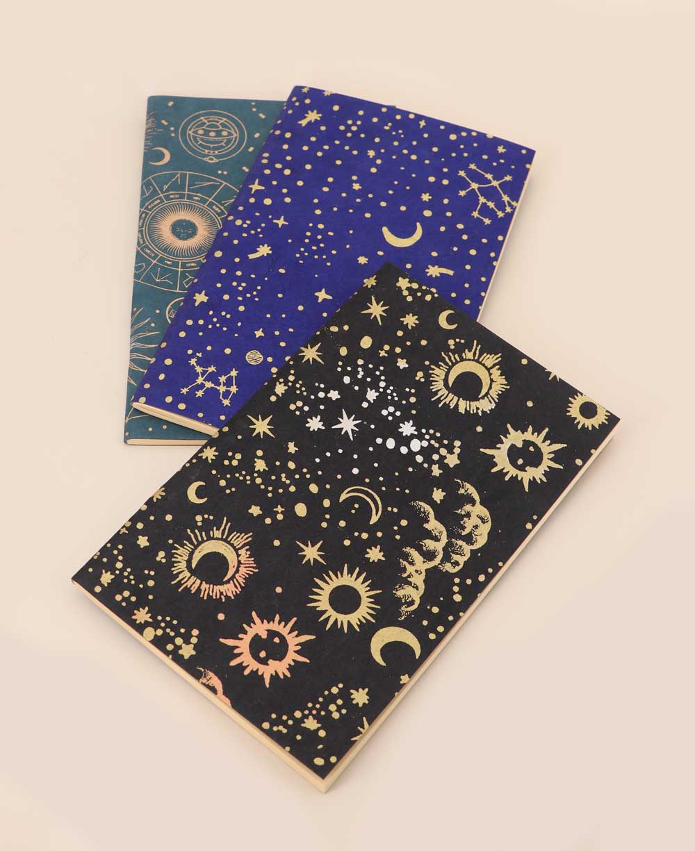 Set of 3 Handmade Nepalese Lokta Paper Journals In Celestial Design - Notebooks & Notepads