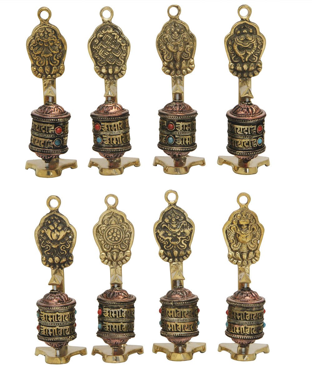 Set of Eight Miniature Prayer Wheels with Tibetan Auspicious Symbols - Religious Altars