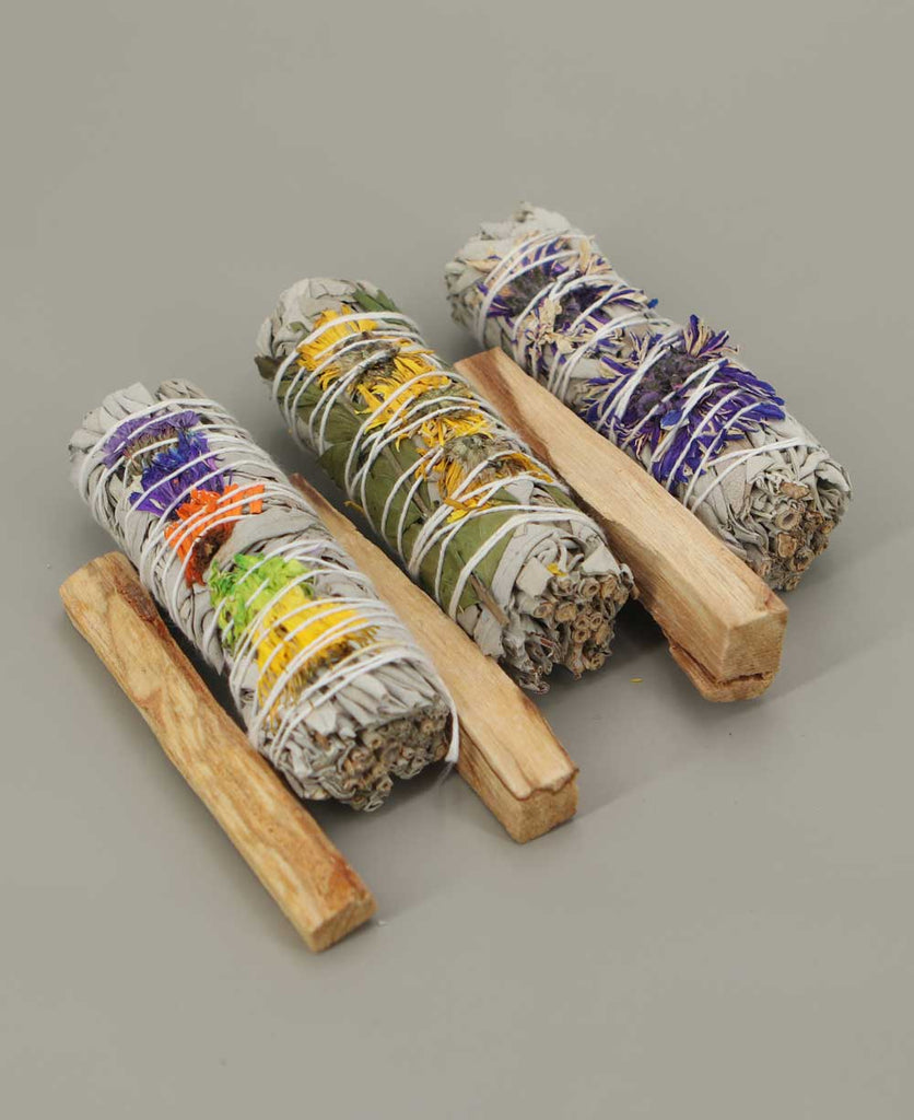 Set of Three Floral Sage Bundles and Palo Santo Sticks – Buddha Groove