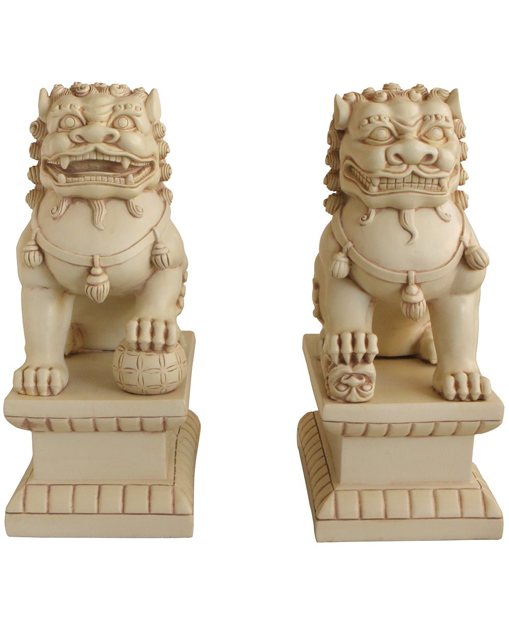 Set of Two Guardian Lion (Fu Dog) Statues in Stone Finish, 18 Inches - Sculptures & Statues