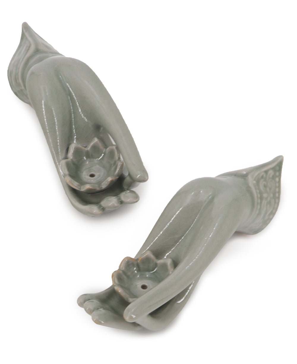 Set of Two Small Celadon Ceramic Mudra Hand Incense Holders - Incense Holders
