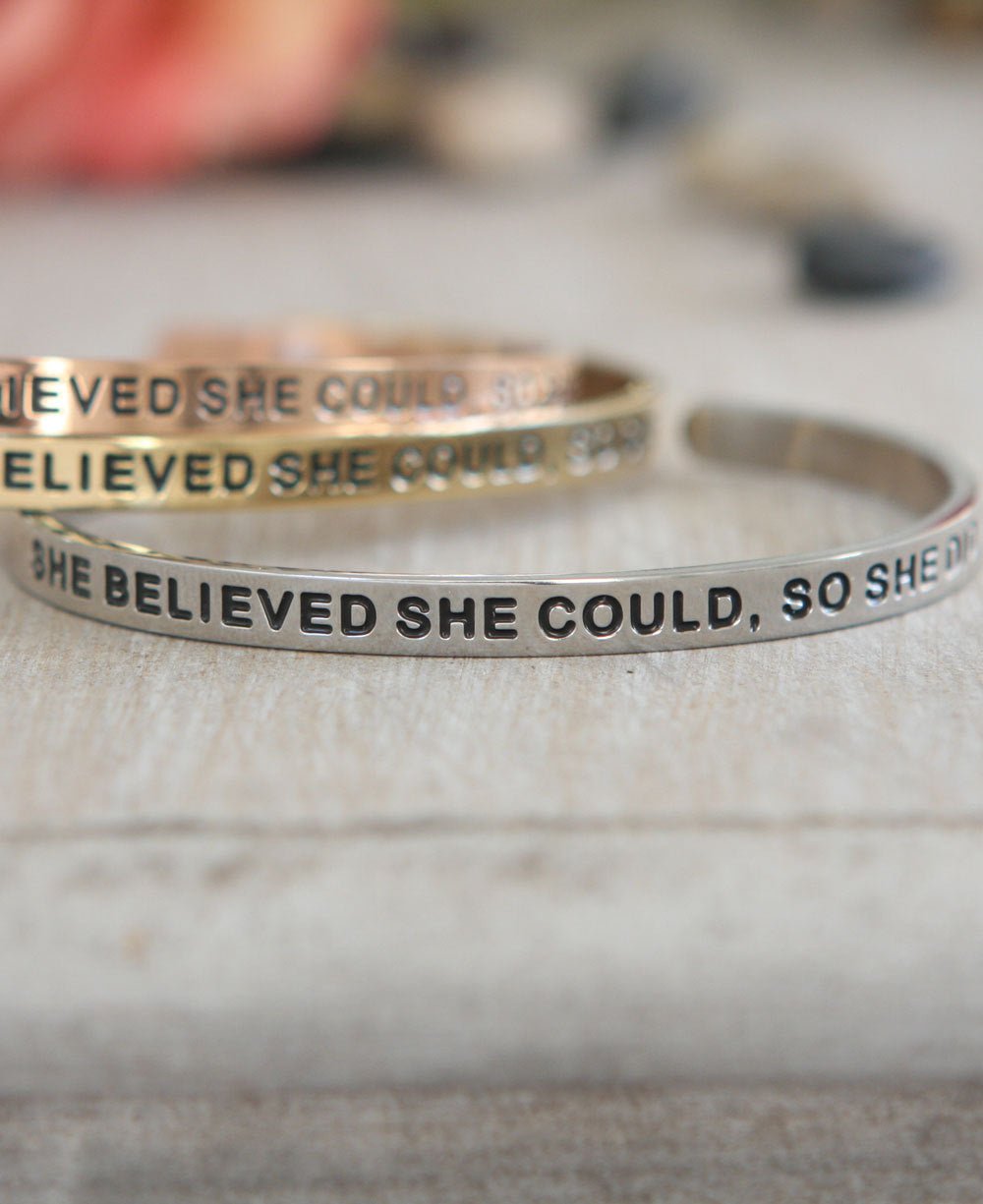 She Believed She Could So She Did, Inspirational Cuff Bracelet - Bracelets Silver