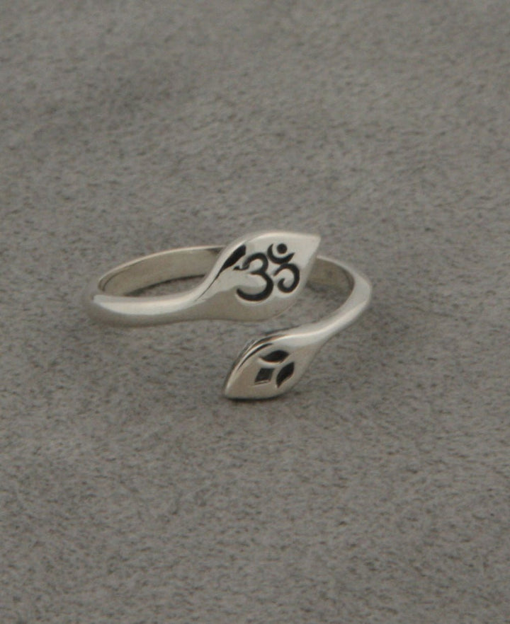 Silver Om and Lotus Ring, Adjustable - Rings - -