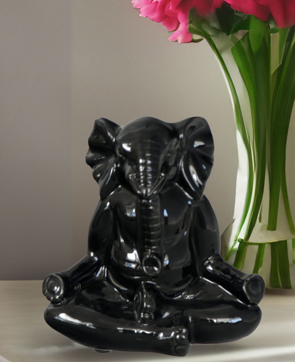 Sleek Black Ceramic Yoga Elephant Figurine - Sculptures & Statues