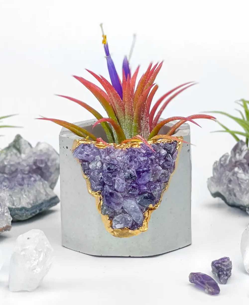 Small Gemstone and Concrete Air Plant or Tea-light Candle Holder - Pots & Planters Amethyst