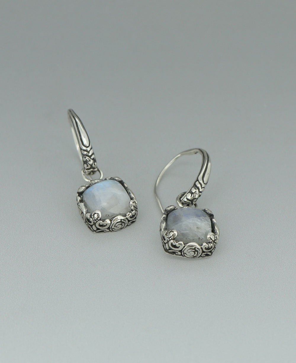 Small Sterling Silver Rainbow Moonstone Filigree Square Earrings - Earrings