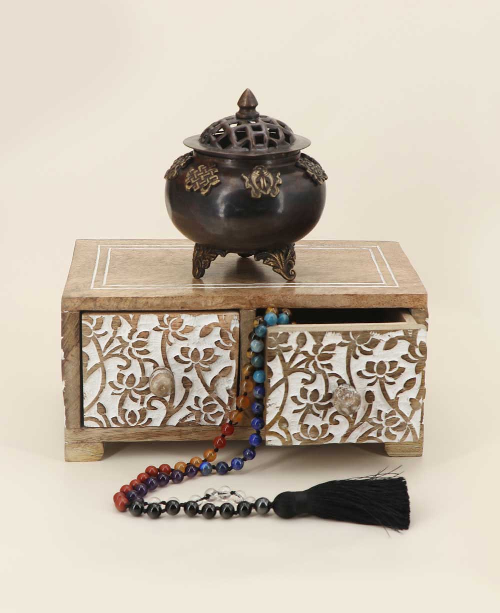 Small Tabletop Carved Wood Lotus Pedestal Riser With Drawers - Computer Risers & Stands - -