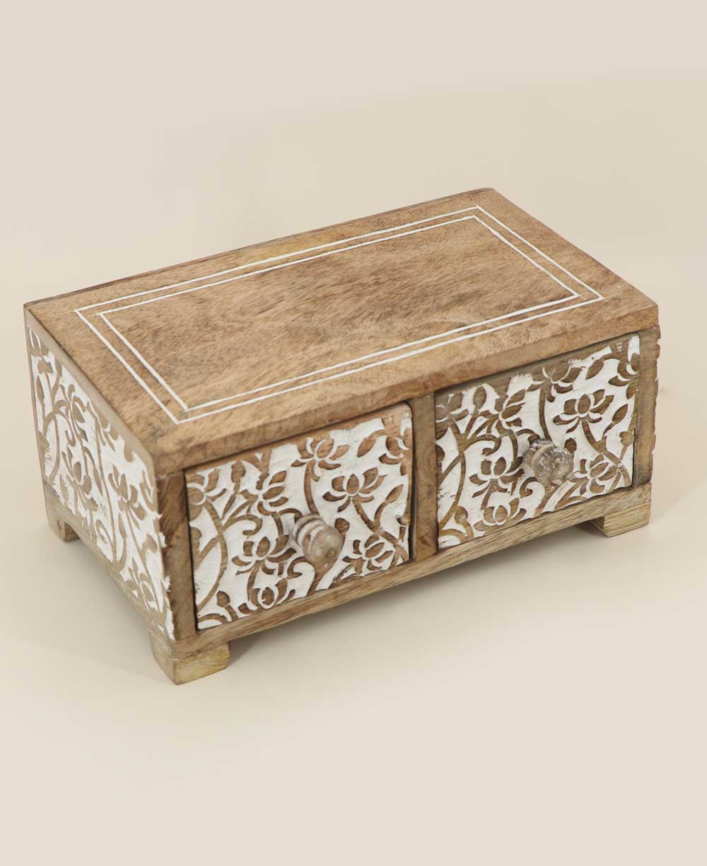 Small Tabletop Carved Wood Lotus Pedestal Riser With Drawers - Computer Risers & Stands - -