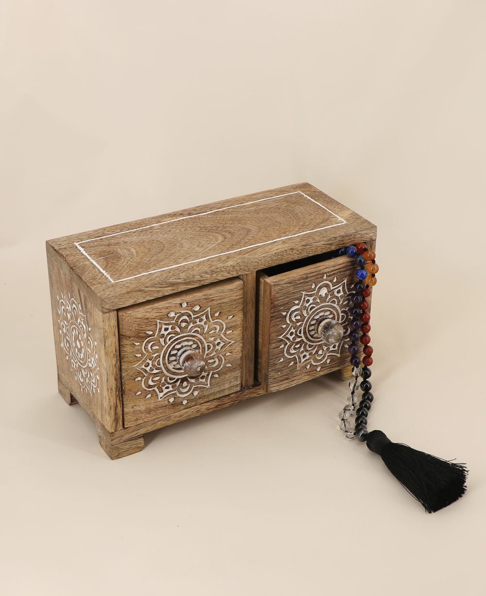 Small Tabletop Carved Wood Mandala Pedestal Riser With Drawers - Computer Risers & Stands - -
