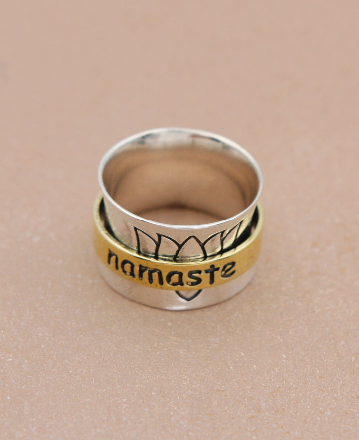 Spinning Namaste Lotus Ring, Sterling Silver With Brass - Rings Size 6