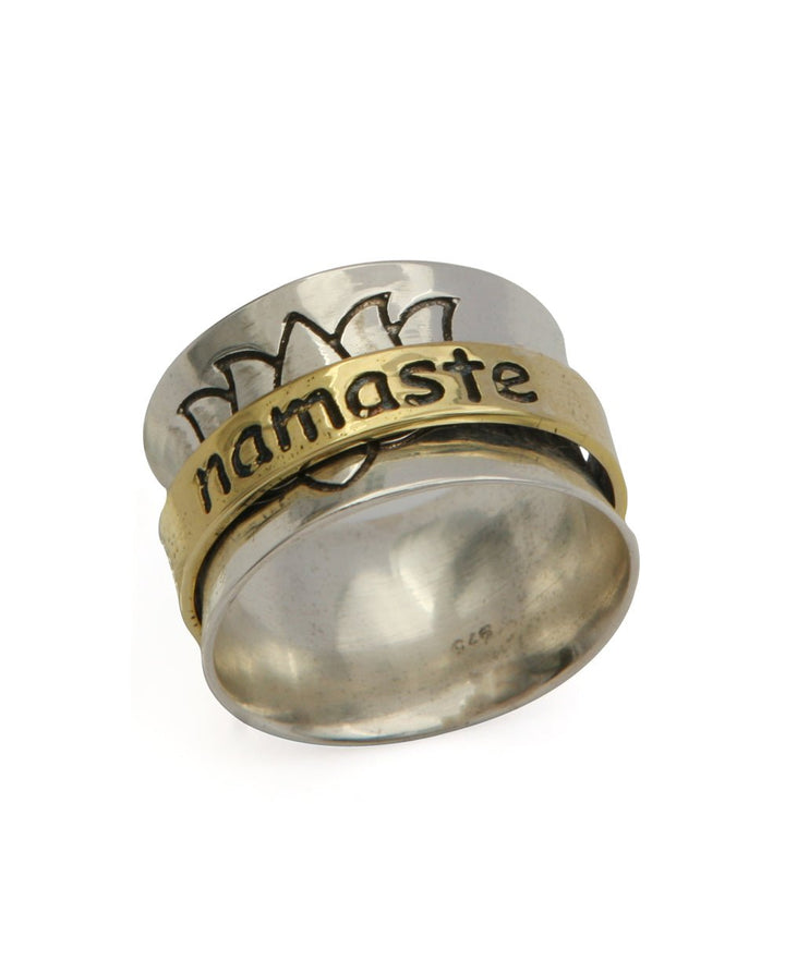 Spinning Namaste Lotus Ring, Sterling Silver With Brass - Rings Size 6