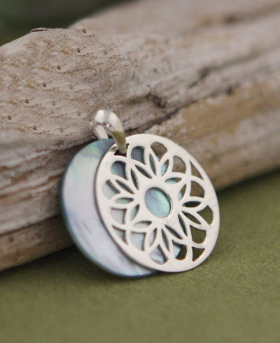 Stacked Mother of Pearl Lotus Mandala Pendant, Sterling Silver - Charms & Pendants - Blue -