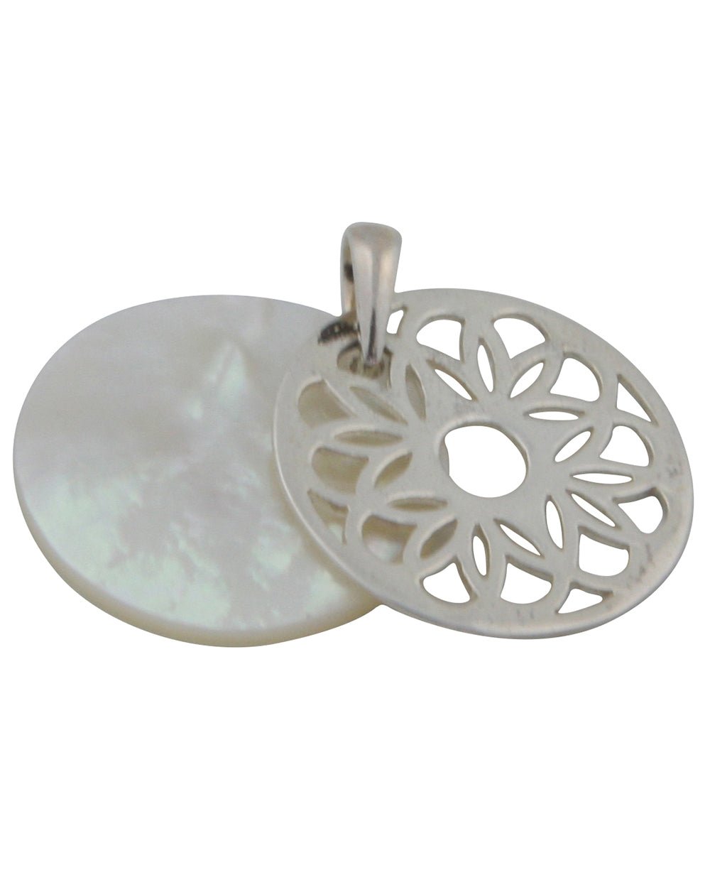 Stacked Mother of Pearl Lotus Mandala Pendant, Sterling Silver - Charms & Pendants - Blue -