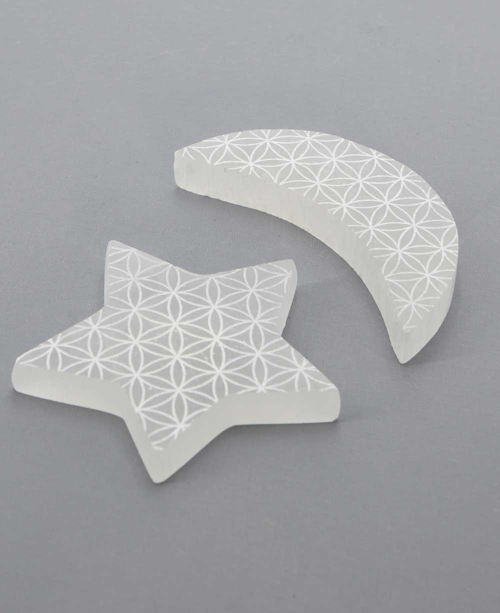 Star and Moon Flower of Life Selenite Charging Plates - -