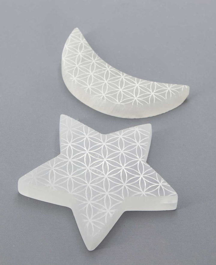 Star and Moon Flower of Life Selenite Charging Plates - -
