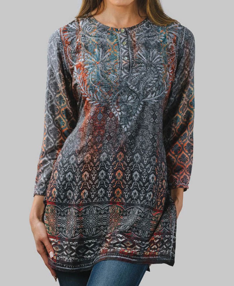 Steel Blue Embroidered Shakti Tunic, Fair Trade - Shirts & Tops S