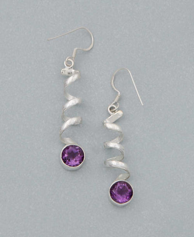 Sterling Silver and Amethyst Spiral Earrings - Earrings - -