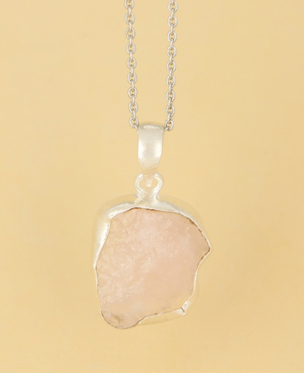 Sterling Silver and Raw Cut Rose Quartz Crystal Necklace - Necklaces