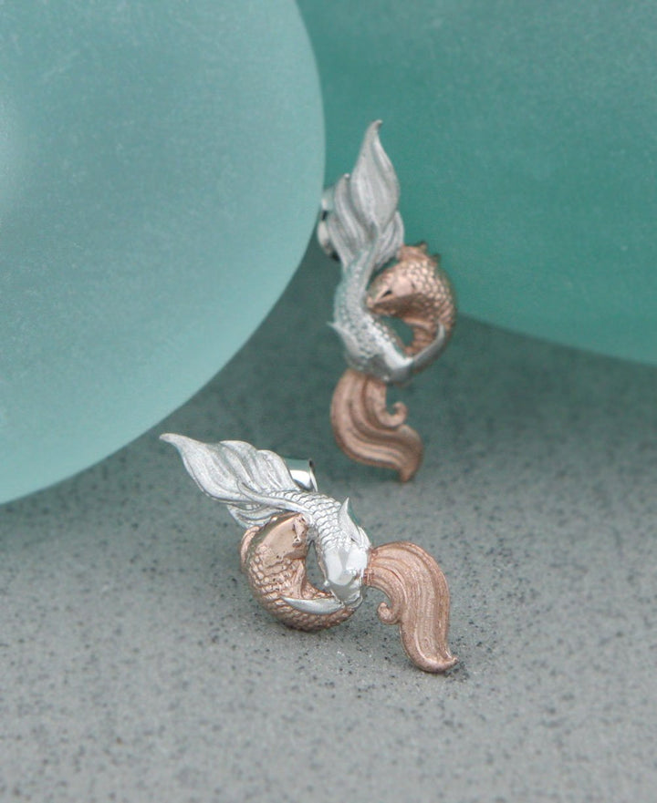 Sterling Silver Auspicious Symbol Fish Earrings with Rose Gold - Earrings