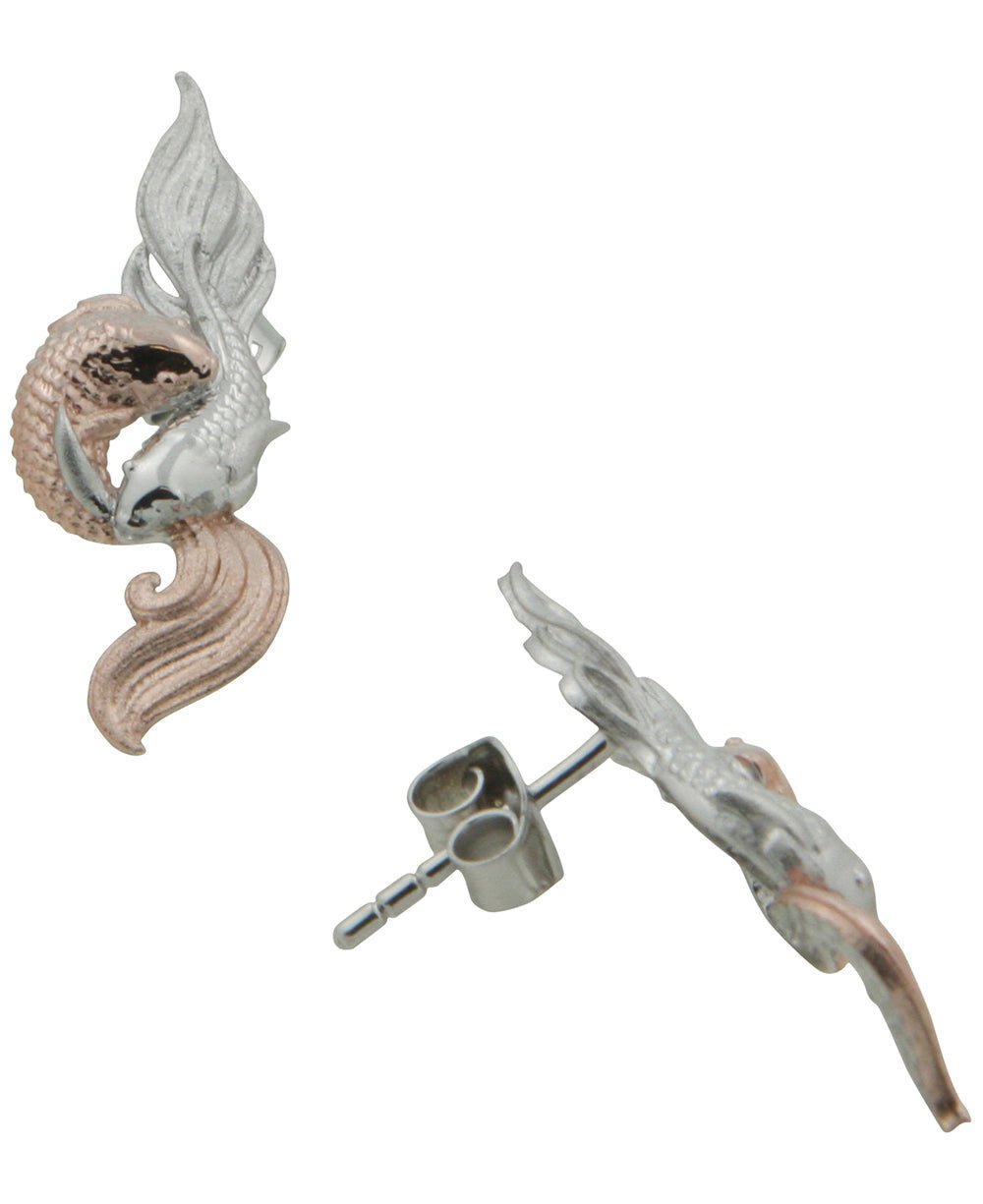 Sterling Silver Auspicious Symbol Fish Earrings with Rose Gold - Earrings