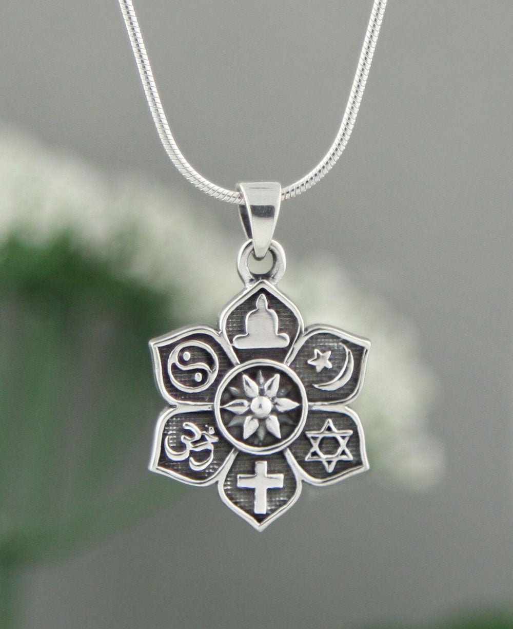 Sterling Silver Coexist Harmony Pendant, Lotus Design - Charms & Pendants - -
