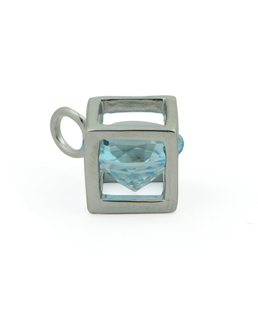 Sterling Silver Cube Pendant with Blue Topaz - Charms & Pendants - -