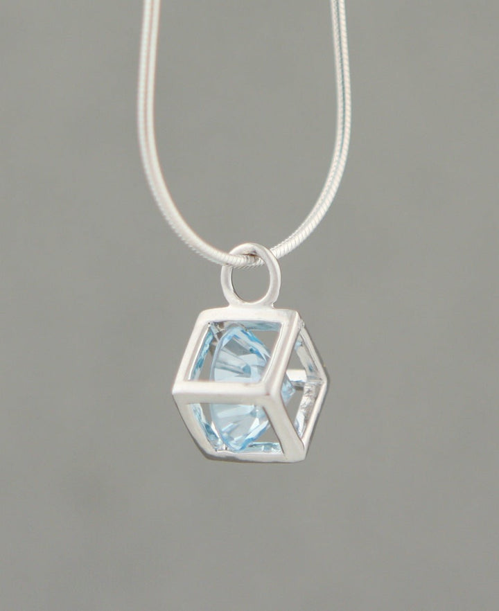 Sterling Silver Cube Pendant with Blue Topaz - Charms & Pendants - -
